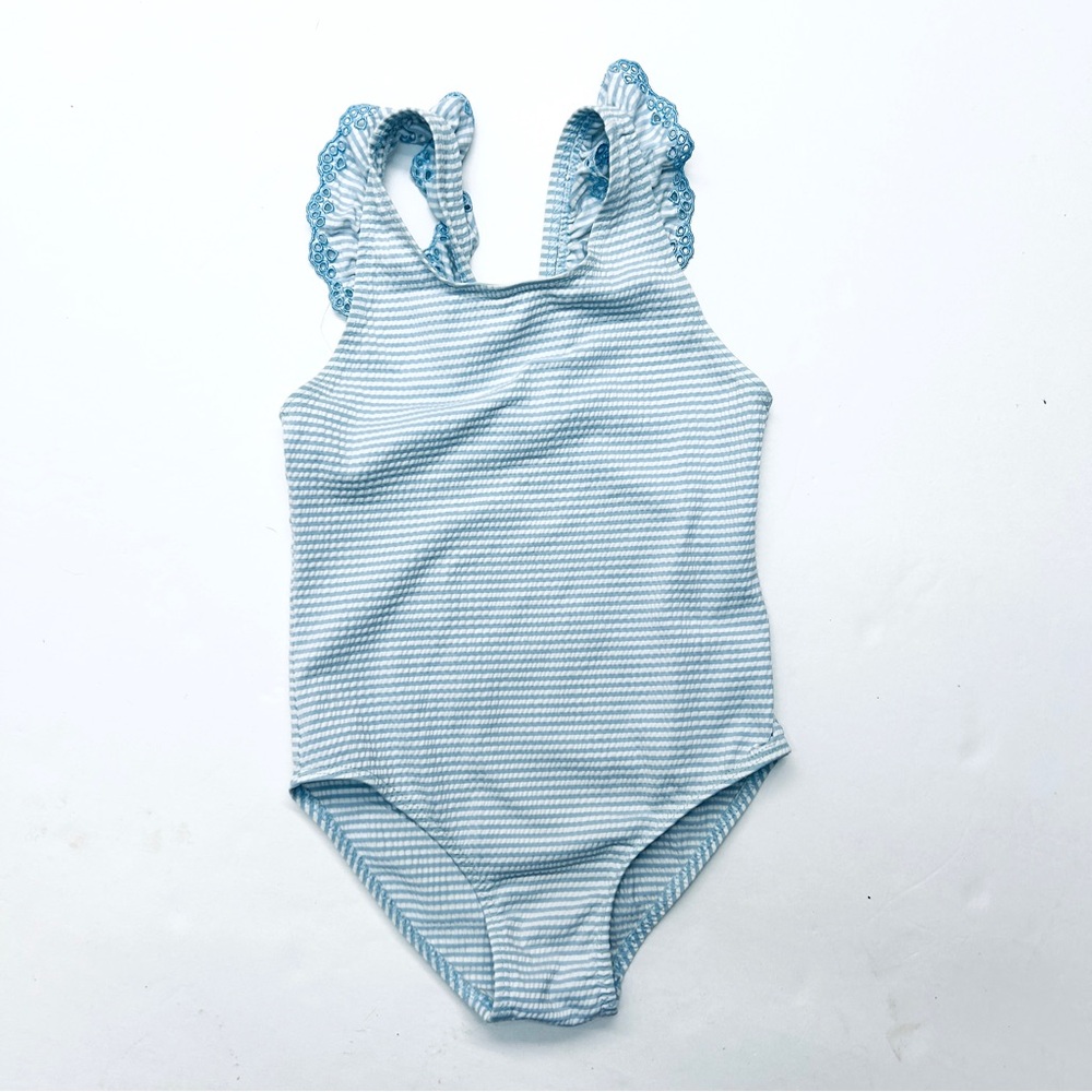 Next Direct UK Blue Striped Seersucker One Piece Swimsuit with Ruffles